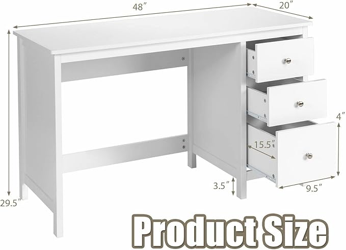48 Inches Computer Desk Modern Writing Study Table with 3 Drawers Multifunctional Workstation Desk for Home Office Living Room Bedroom Black/White (White)