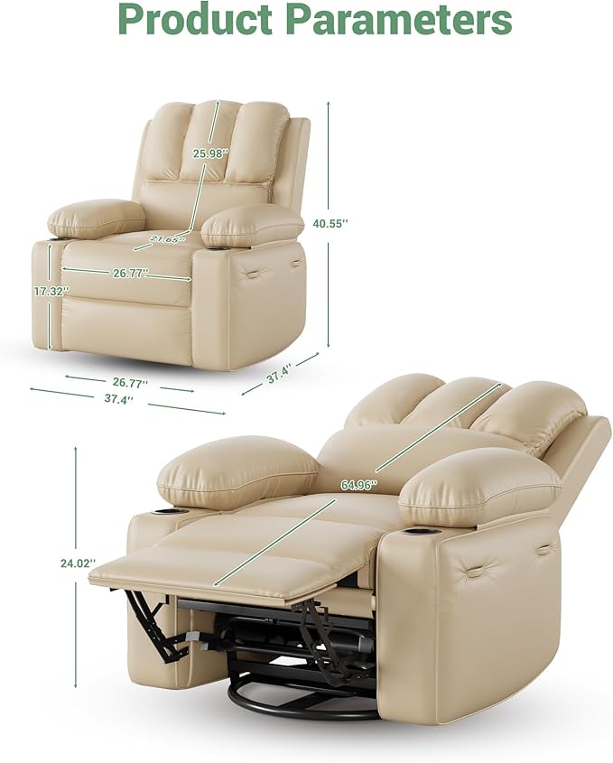 22 Wide Electric Recliner Chair for Adults Swivel Rocking Recliner with Massage &amp Heat PU Leather Lounge Chair with Remote and Cup Holders for Living Room Nursery Bedroom Beige