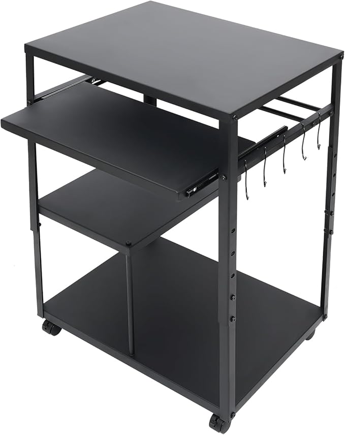 Computer Desk Height Adjustable Rolling Presentation Table w/Keyboard Tray Monitor Stand Hooks Wheels Gaming Desk Home Office Desk