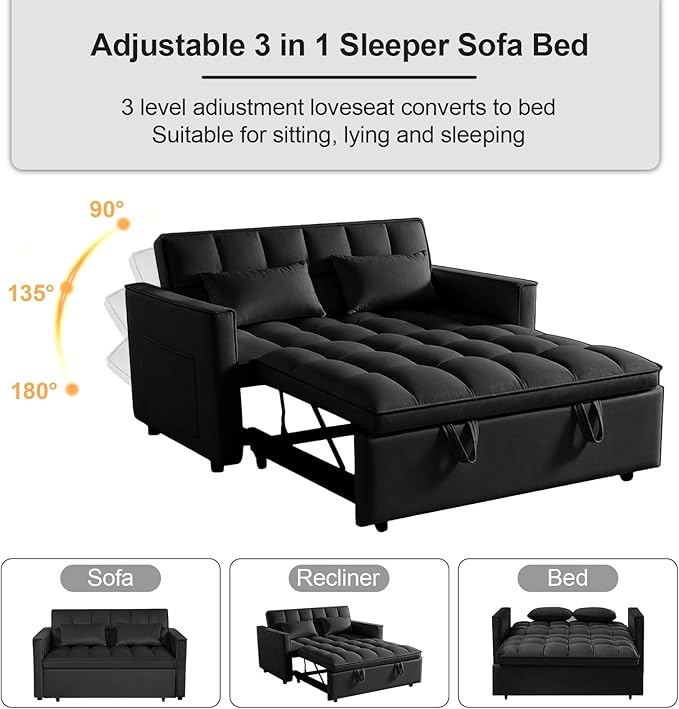 3 in 1 Pull Out Sofa Bed 52.75 Sleeper Sofa Bed with 3-Level Adjustable Backrest Velvet Fabric Loveseat Sleeper Couch for Living Room &amp Bedroom &amp Apartment &amp Dorm Furniture Black