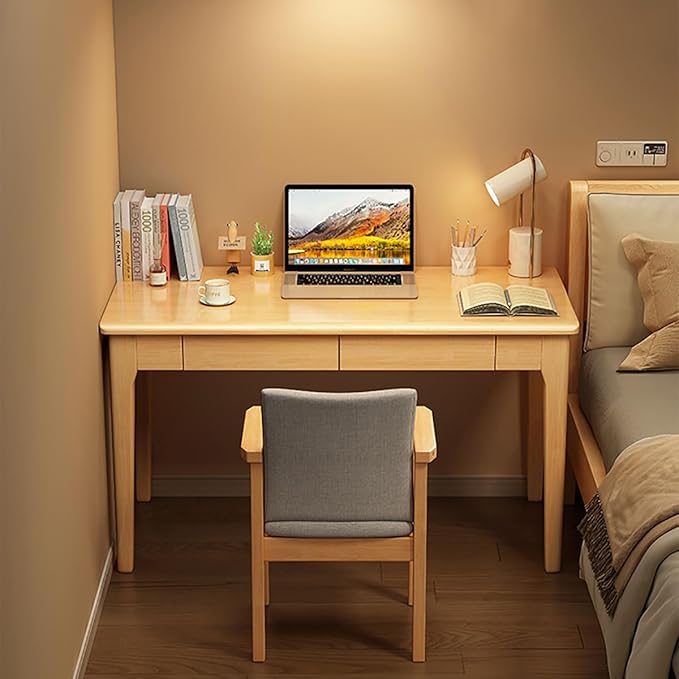 Solid Wood Desk with Drawers Writing Study Table for Small Spaces Mid Century Versatile Home Office Computer Workstation Wooded Vanity Table for Bedroom