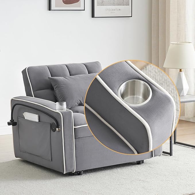 3 in 1 Convertible Sleeper Chair Modern Pull Out Couch Bed Single Recliner with Adjustable Back Velvet Futon Folding Sofa Bed Chair for Living Room Bedroom Small Spaces (Gray-2)
