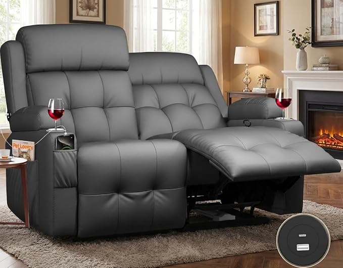 Reclining Loveseat Wall-Hugger Loveseat Recliner Design with USB/Type C Charging &amp Storage &amp Cupholder Pebble-Weave Fabric Recliner Sofa Couch for Living Room Home Theater &amp RV Use