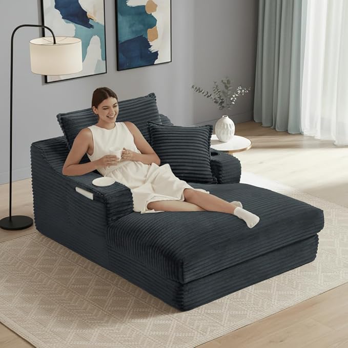 47 Boneless Chair Chaise Lounge: Oversized Comfy Corduroy Upholstered Indoor Couch with Armrets and 3 Pillows for Living Room Bedroom and Apartment Deep Seat Sleeper Sofa Grey