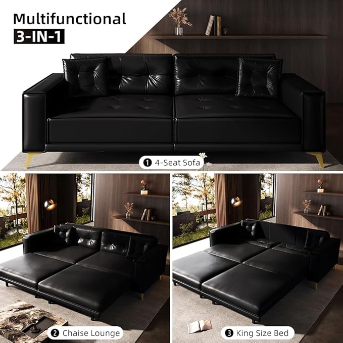 KEIKI 92.1 King Size Pull Out Sofa Bed 3-in-1 Faux Leather Convertible Sleeper Clouch with 2 Pillows 4-Seater Sofa Bed for Living Room Apartment Office Black
