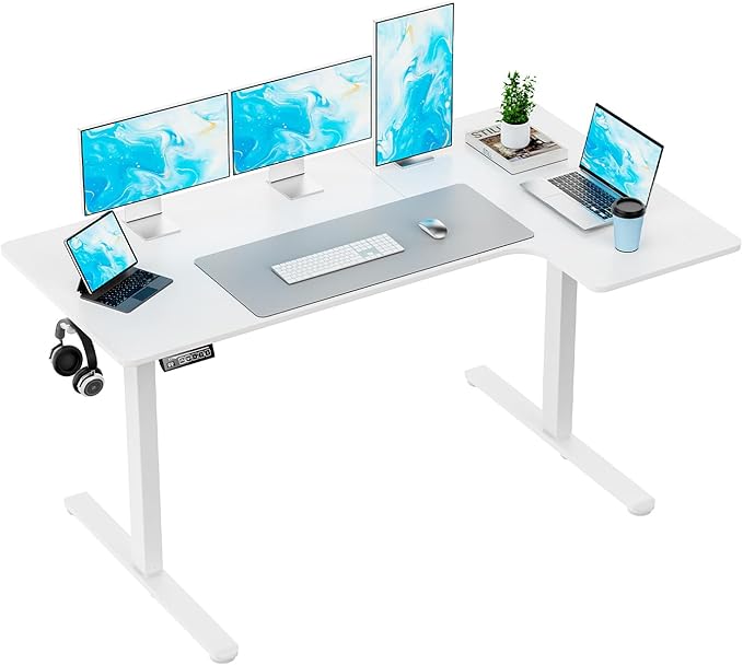 EcoZen Standing Desk Electric Height Adjustable Desk 55 x 33.5 Inches L Shaped Sit Stand up Desk Computer Home Office Desk Memory Preset with Two-Piece Fir Wood Desktop (White 55 * 33.5 Inch)