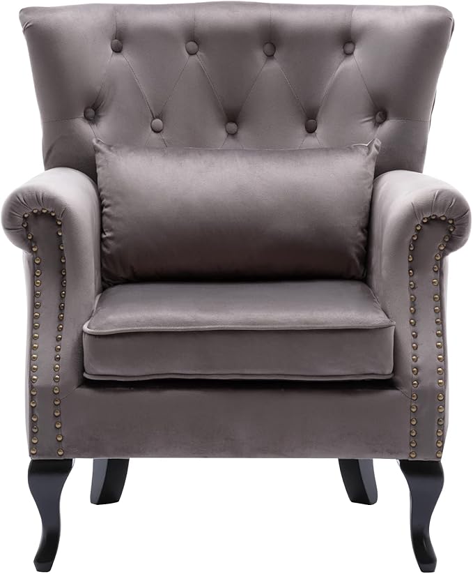 chairus Mid-Century Modern Accent Chair Comfy Tufted Single Sofa Chair Wingback Armchair with Pillow for Club Living Room Bedroom - Velvet Grey