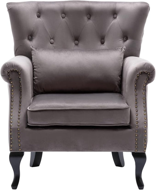 chairus Mid-Century Modern Accent Chair Comfy Tufted Single Sofa Chair Wingback Armchair with Pillow for Club Living Room Bedroom - Velvet Grey