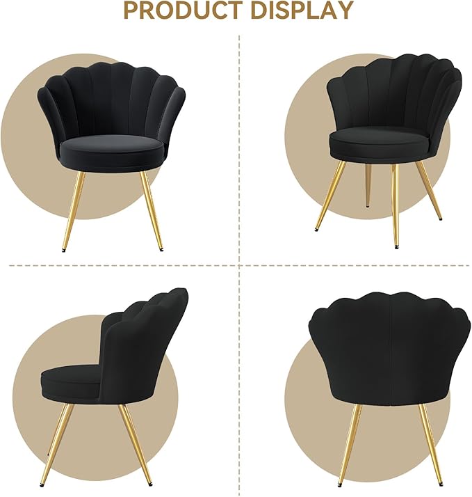 Velvet Accent Chair with Gold Metal Legs Vanity Chair for Makeup Room Upholstered Guest Chair for Living Room for Bedroom Black
