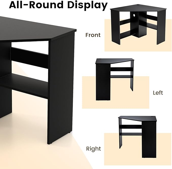 LDAILY Corner Desk with Storage Shelves &amp Cable Holes - Space-Saving Computer Table for Small Spaces Home Office Living Room Bedroom (Black)