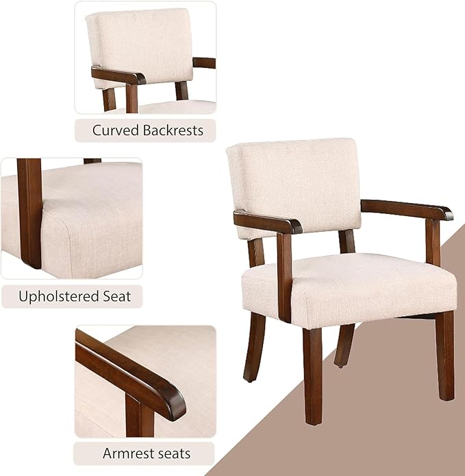 HMFULE 24.25'' Mid Century Accent Chair Set of 2 with Round Wood Table Modern Fabric Arm Chair for Living Room Bedroom Reading Room(Beige)