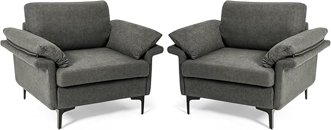 Giantex Set of 2 Single Sofa Accent Chair with 5 Inch Comfy Cushion Zippered Armrests Steel Legs Living Room Armchair Upholstered Leisure Chair for Bedroom Reception Room Grey