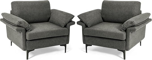 Giantex Set of 2 Single Sofa Accent Chair with 5 Inch Comfy Cushion Zippered Armrests Steel Legs Living Room Armchair Upholstered Leisure Chair for Bedroom Reception Room Grey