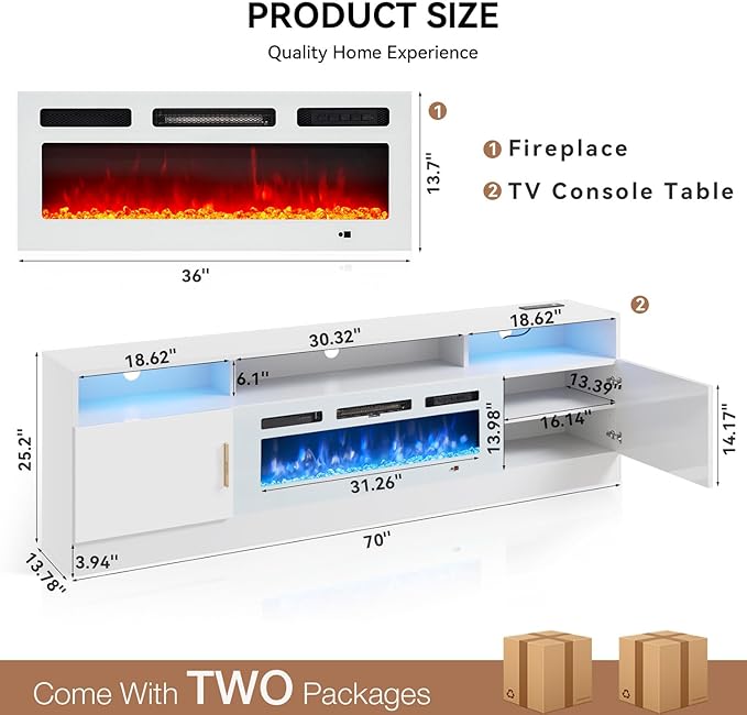 oneinmil 70 Fireplace TV Stand with Power Outlet for TVs Up to 80 Electric Fireplace Entertainment Center with LED Lights &amp Storage Cabinets Media Console Table for Living Room White