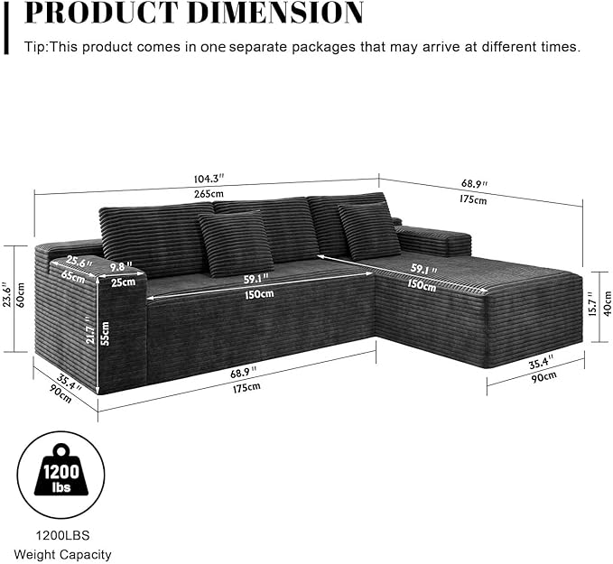 104'' Corduroy Boneless Couch for Living Room Modular Cloud Sectional Couches with Deep Seat Comfy Fluffy Sofas with L-Shaped ChaiseNo Assembly Required2PC Free Combination (Grey)