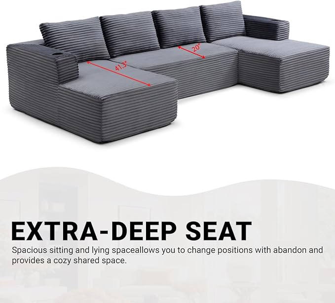 132 Modular Sectional Sleeper Sofa Boneless Cloud Couch for Living Room U Shaped 5 Seat Sofa with 2 Cup Holders Free Combination No Assembly Required (Grey)