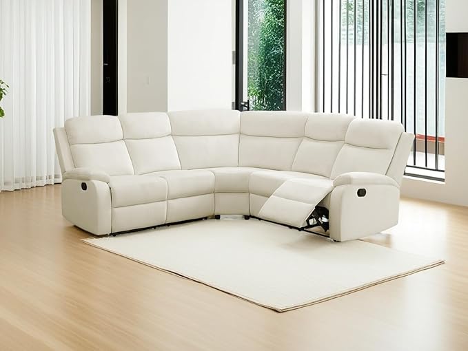 Living Room Furniture Set L-Shaped Sectional Sofa Fluff Fabric Recliner Adjustable Manual Sofa Set for Living Room OfficeApartmentRv Car（Off-White）