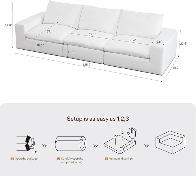 Cloud Couch Sectional Oversized Modular Sofa with 35'' Deep Seat Boneless Couch Comfy Stain-Resistant White Sectional Couches for Living Room Apartment 3 Seater