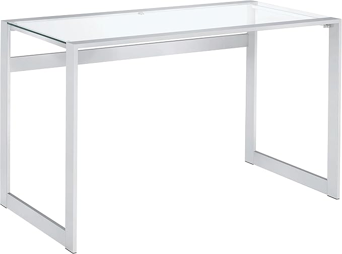 Coaster Home Furnishings – Hartford – Metal &amp Glass – 47-Inch Rectangular Glass Top Writing Desk with Contemporary Style and Plastic Glides – Home Office &amp Living Room – Chrome - 800746
