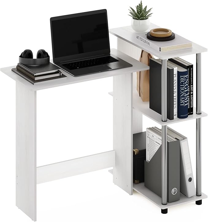 Furinno Abbott Corner Computer Desk with Bookshelf White Oak/Chrome