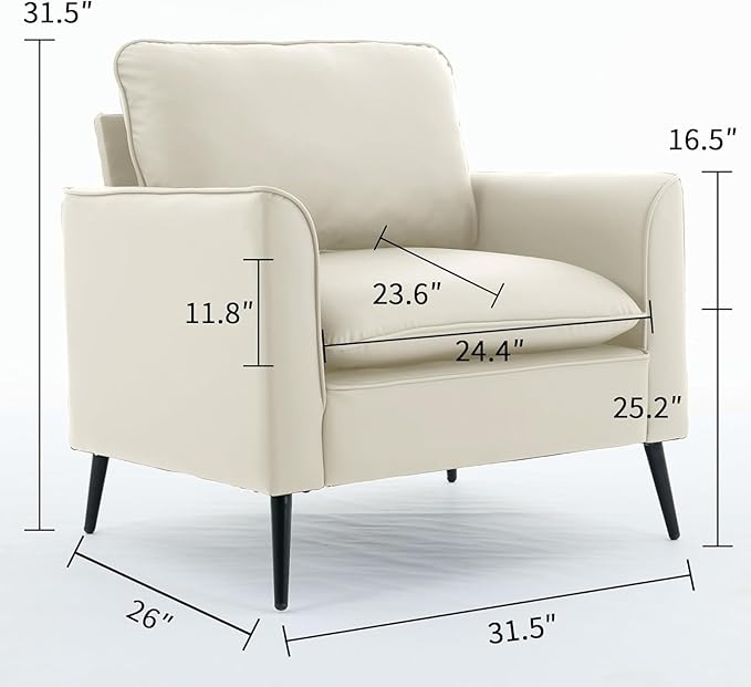 YISHENG Mid-Century Modern Living Room Accent Chairs Set of 2 - Oversized Faux Leather Armchairs with Removable Cushions &amp Metal Legs Comfortable Sofas for Office/Lounge/Bedroom/ReceptionCream