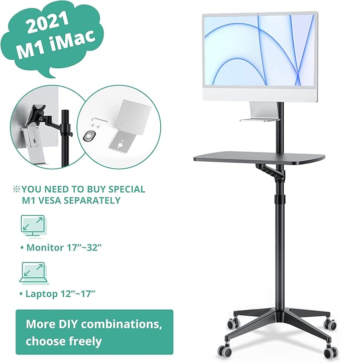 Viozon Mobile DeskMobile WorkstationMulitiuse Rolling Laptop Floor Stand34-48.6 Height AdjustableCompatible with 17-27 Monitor&amp12-17 Laptop21×14 DeskMaxload 17.6lbs4 Lockable Wheels