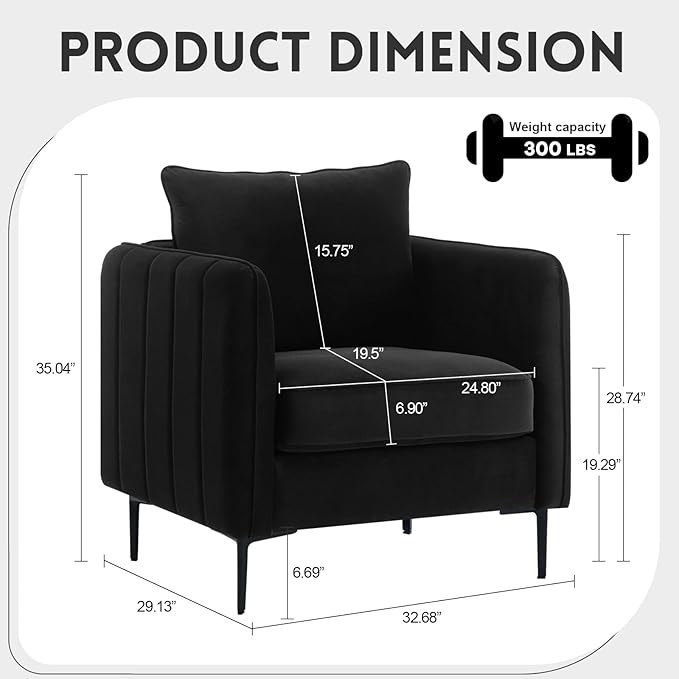 Mid Century Modern Accent Chair Comfy Upholstered Single Sofa Chair with Thick Cushion Velvet Armchair with Black Metal Legs Side Chair for Living Room Bedroom Apartment (Black)