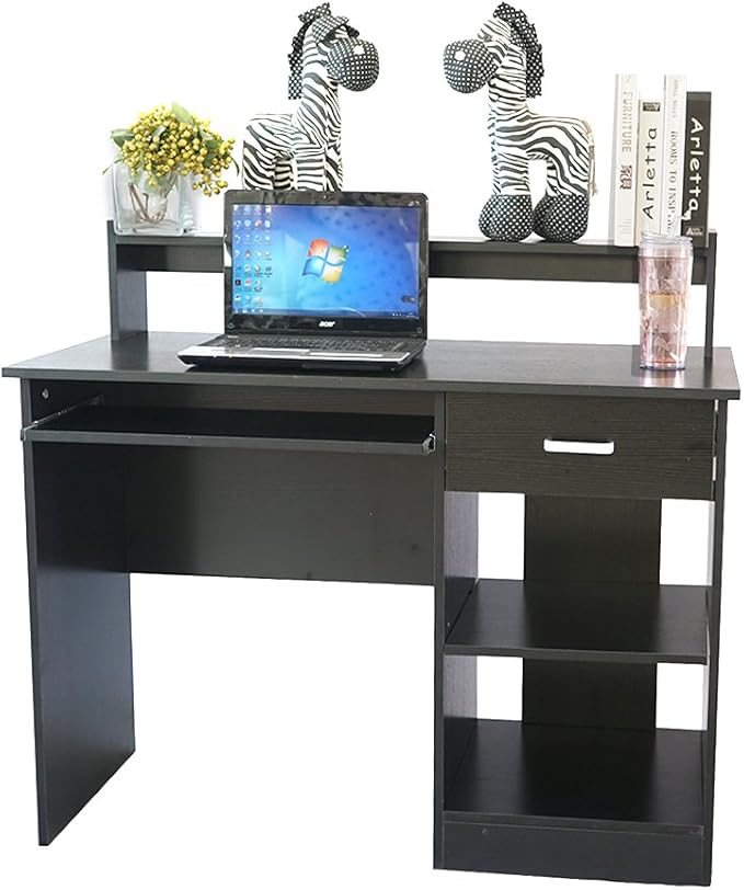 Black Computer Desk with Keyboard Tray Modern Chipboard Computer Desk Home Office Desk Students with 1 Drawer and 2 Shelves Workstation with Storage 43.3 L x 19.69 W x 37.4 H