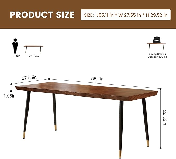 Solid Wood Desk 55 inches Home Office Computer Desk Wooden Rustic Writing Desk Metal Modern Simple Design Executive Real Wood Desk(Walnut)