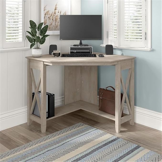 Pemberly Row Small Corner Desk 34 in x 34 in x 30 in Engineered Wood Washed Gray Finish Built-in Wire Management Grommet Casual Coastal Farmhouse Style Home Office Furniture for Compact Areas