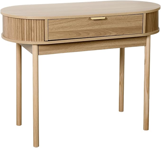 Fluted Small Computer Desk with Drawer 40 Inch Mid-Century Modern Writing Desk with Solid Wood LegsCompact Study Table for Small Spaces Home Office BedroomWalnut