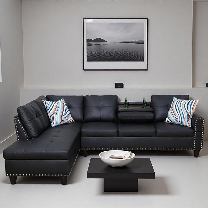 L Shape Sectional Couch with Chaise 97.5 Inch Modular Sofa with Cup Holders Sectional Couches for Living Room Ergonomic Reclined Backrest for Office and Small Apartment Black