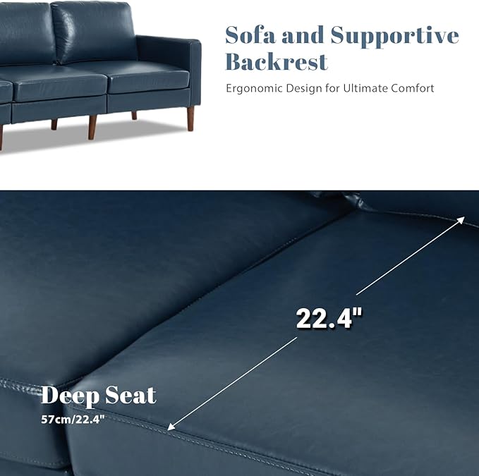 Kingfun Faux Leather Sofa with Loveseat and Chair 2 &amp 3 Seater Couch Mid Century Modern Couches with Solid Wood Legs for Living Room &amp Bedroom Navy Blue