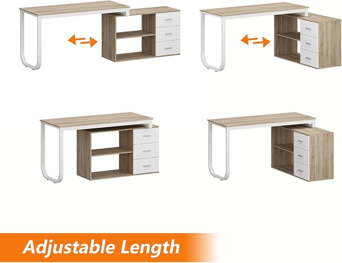 WOODTIME Walnut and White L Shaped Office Desk with 3 Drawers &amp 2 Shelves 55 Inch Reversible Corner Computer Desk Home Office Executive Writing Sturdy Desk with Metal Legs