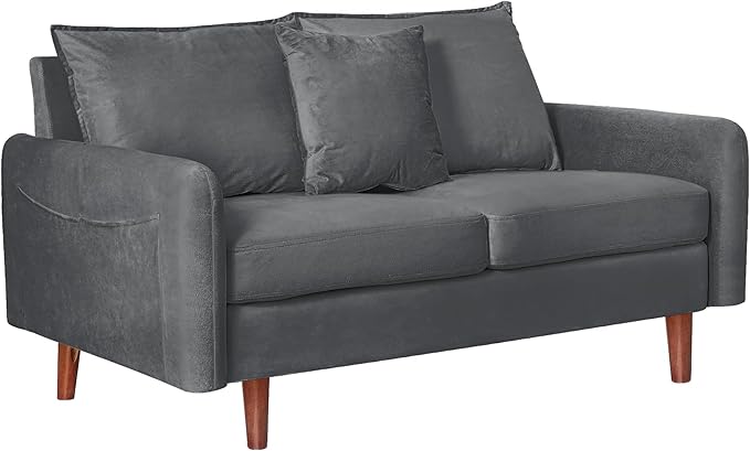 56.1 Round Arm Velvet Loveseat with Side Pockets and a Square Pillow (Grey) | Side Storage Pockets Pillow Included