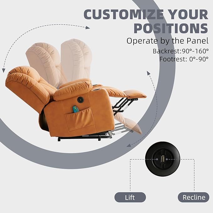 Power Lift Recliner Chair for Elderly Electric Recliner Chairs for Adults with Massage and Heat Cup Holders Remote Control USB Ports Side Pockets Leather (Golden Orange)