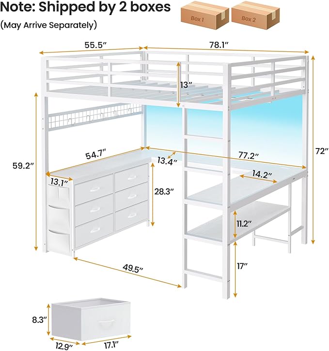 ADORNEVE Loft Bed Full Size with U-Shaped Desk 6 Storage Drawers Power Outlet LED Metal Loft Bed with 2 Storage Shelves Bed with Safety Guardrail &amp LaddersSpace-SavingWhite