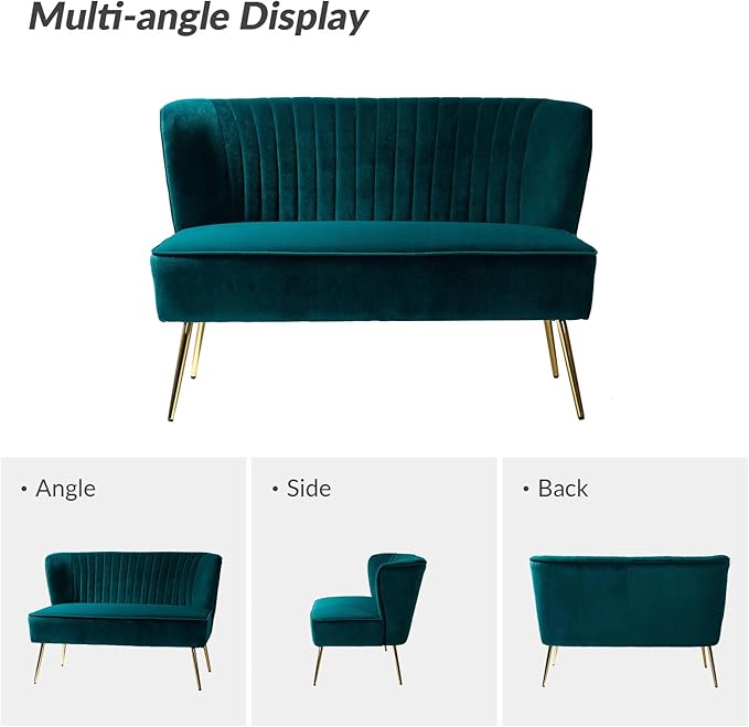 HULALA HOME Velvet Loveseat Sofa with Gold Legs Mid-Century Modern Upholstered Love seat Couch Tufted Small 2-Seat Sofa Armless for Living Room Bedroom Apartment Small Spaces Teal