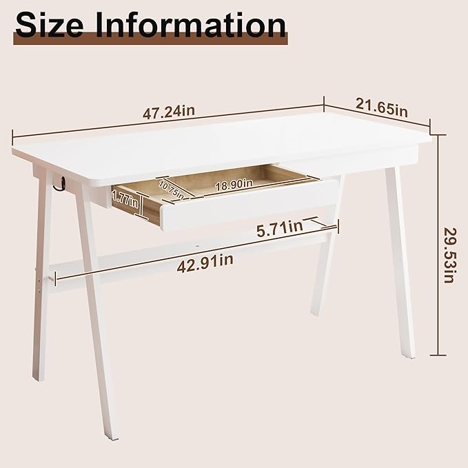 Solid Wood Desk with Drawers - 47.2 Inch Writing Desk with Drawers &amp Storage Shelf Simple Modern Study Table Home Office Computer Desks for Bedroom &amp Home White Desks