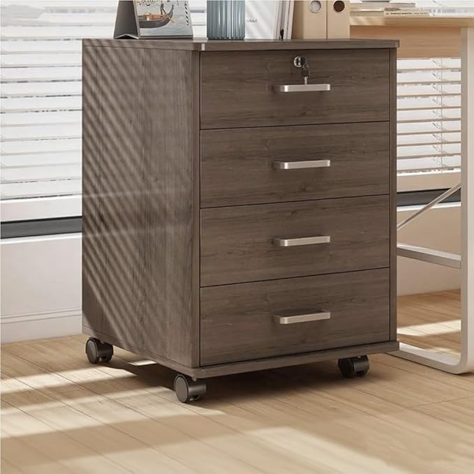 Mobile File Cabinet Wooden Low Desk Drawer with Four Drawers Lockable Storage Cabinet with Removable Wheels Multifunctional Locking Cabinet for Office(Brown)