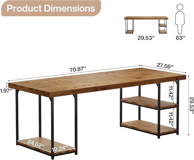 Tribesigns 71-Inch Solid Wood Long Desk with Shelves Industrial Home Office Desk Large Executive Office Computer Table Writing Gaming Workstation for Office Living Room Light Brown &amp Black
