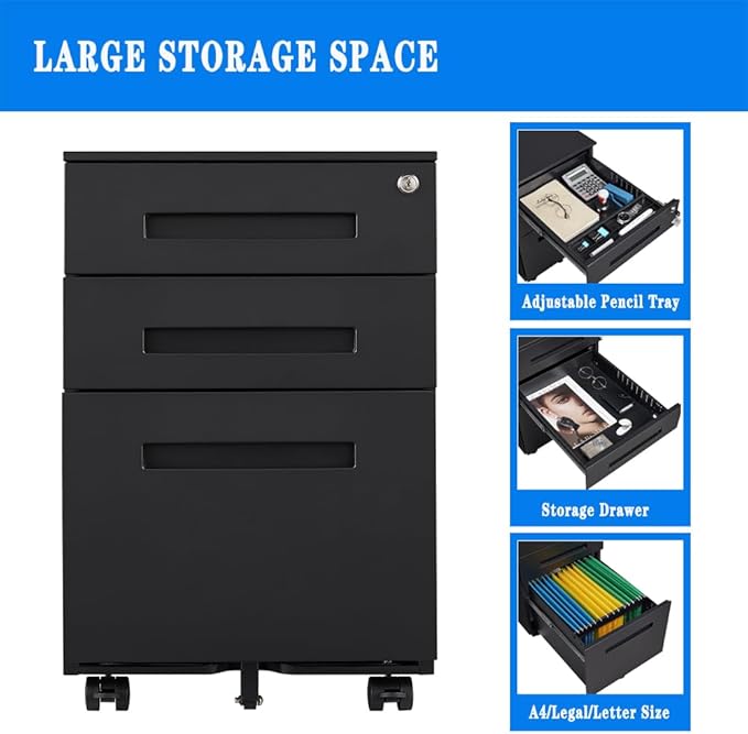 3-Drawer Rolling File Cabinet Metal Mobile File Cabinet with Lock Filing Cabinet Under Desk fits Legal/Letter/A4 Size for Home/Office Fully Assembled Except Wheels (Black)