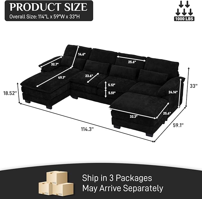 OUYESSIR 114 U Shape Sectional Cloud Couch with OttomanFluffy Sectional Couches for Living Room4 Seater Modular Sectionals SofaComfy Cloud Sofas &amp Couches with 4 PillowsLight Black