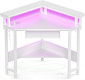 DUMOS Conner Desk Home Office Computer Desk for Small Space with LED Lights Gaming Table with Storage Shelves Power Outlets Monitor Stand Keyboard Tray for Bedroom White