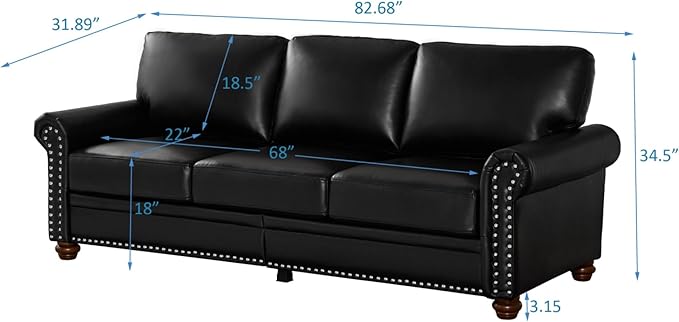 KEIKI 82.68 Chesterfield Sofa Retro Style Upholstered Faux Leather PU Couch with Storage Space Rolled Arm Nailhead for Living Room Bedroom Office Apartment Black