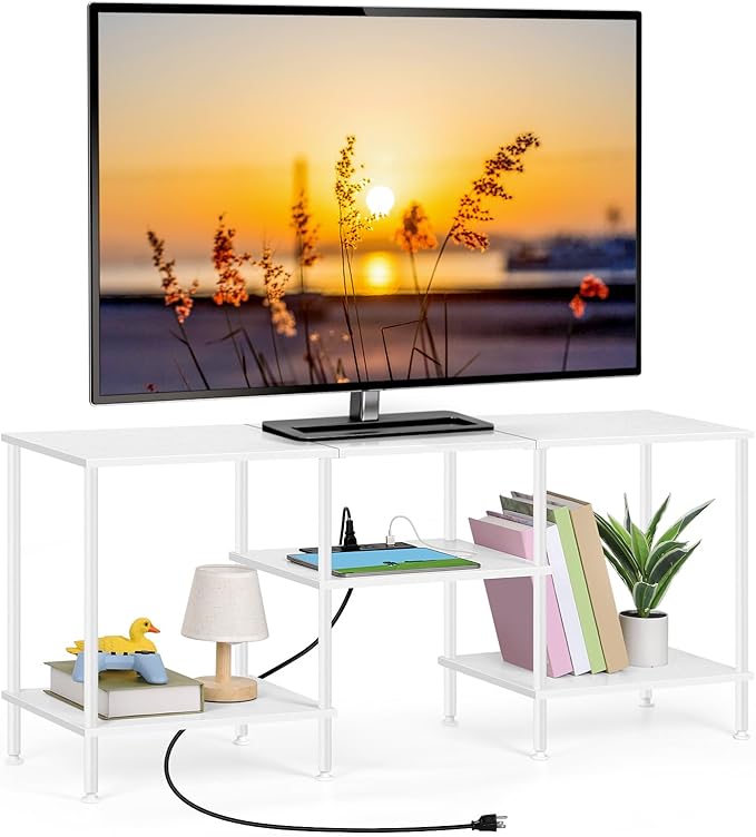 White TV Stand Bedroom with Power Outlets Small Entertainment Center Stand with Open Storage Shelves for TVs up to 50 Inch Wood TV Media Console Table with for Living Room Bedroom