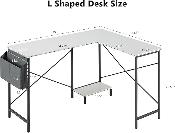 Living&ampGiving L Shaped Gaming Desk 49 Black Home OfficeBedroom Computer Table for Study Standing Executive Desk with CPU Storage Shelf &amp Side Bag White
