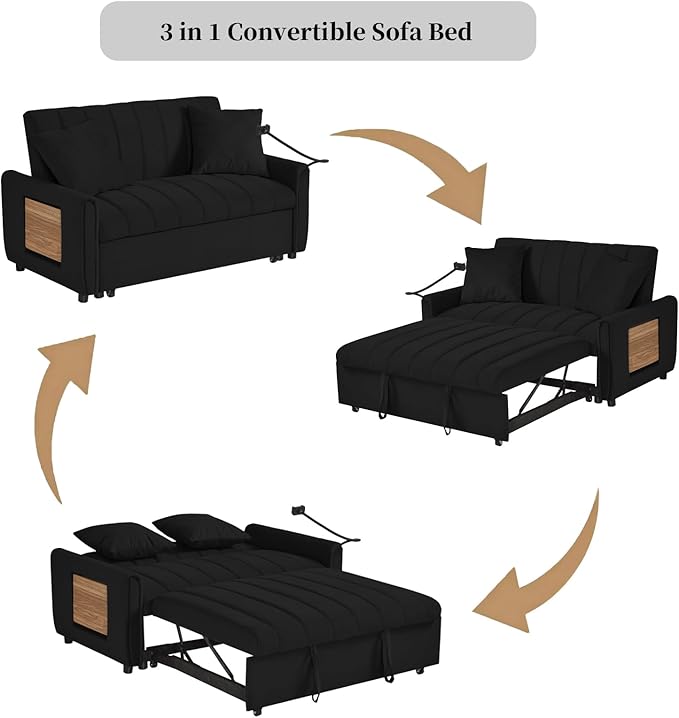 Loveseat Sleeper Sofa 3 in 1 Convertible Sofa Bed Adjustable Backrest Comfy Pull Out Couch Modern Upholstered Sofa for Living Room Bedroom Apartment Small Space (d-Black)