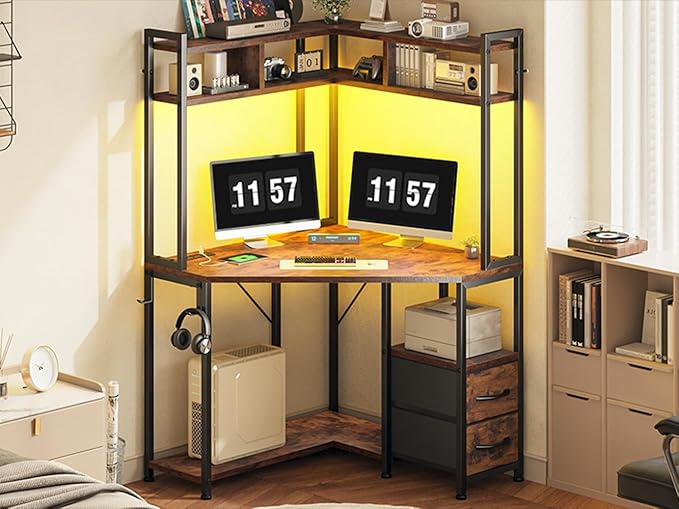 Corner Desk 35.4 W x 63 H Office Desk and Small Gaming Desk with Hutch &amp LED Lights Computer Desk with Drawers for Storage &amp Shelves and Hook for Small Space Rustic Brown
