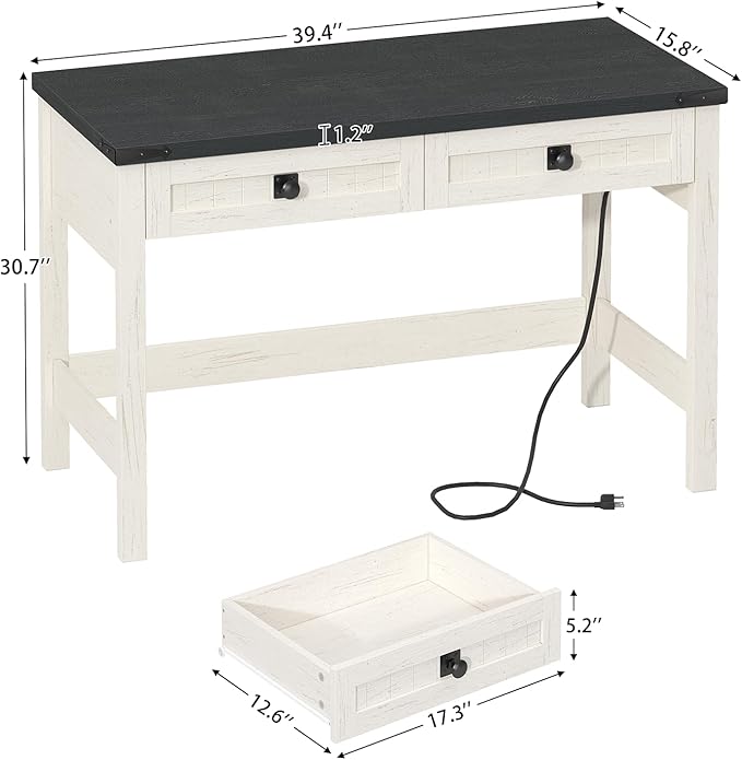 Farmhouse Computer Desk with 2 Drawers 39 Inch Small Office Computer Desk with Power Outlets Compact Writing Study Vanity Desk for Small Spaces Black and White